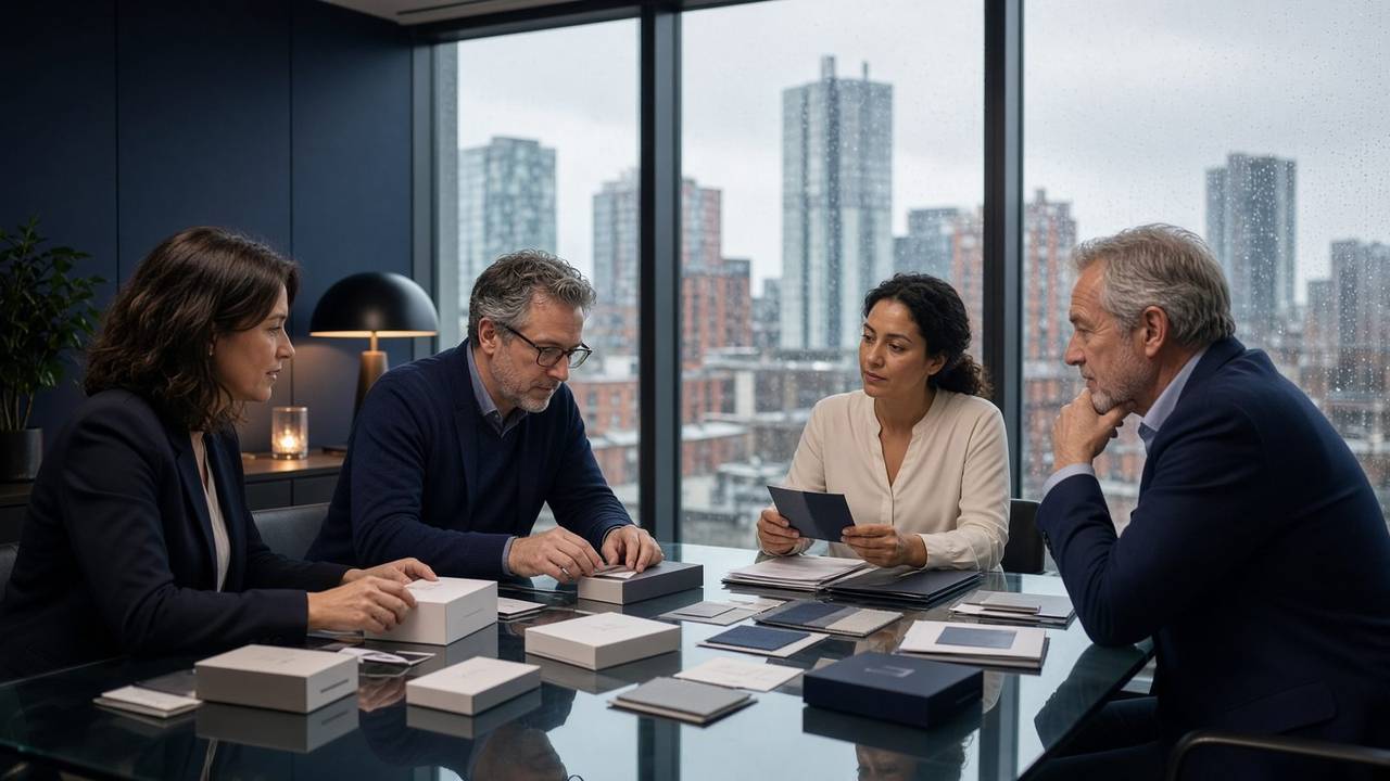 Brand clearance meeting with packaging and fabric samples