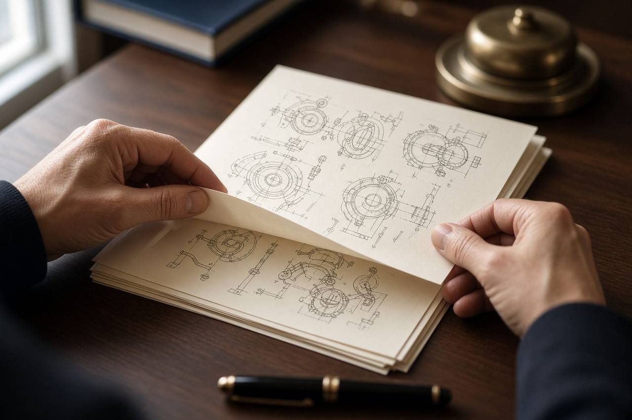Close study of a patent specification and mechanical drawings