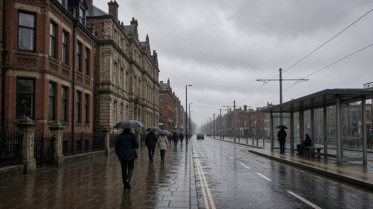 Wet Manchester street near Victorian terraces