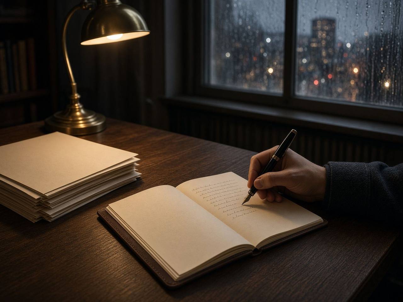 Writing an engagement note at a walnut desk