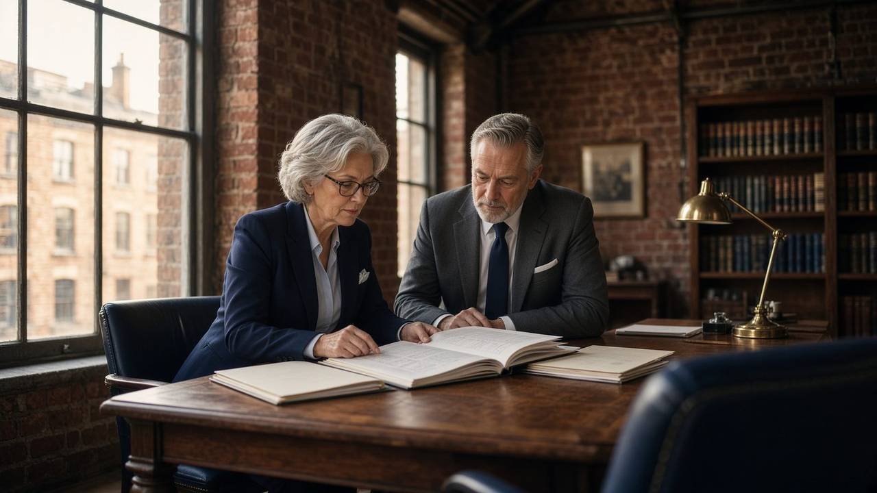 Curiterealm advisers reviewing patent specifications in a Manchester warehouse office