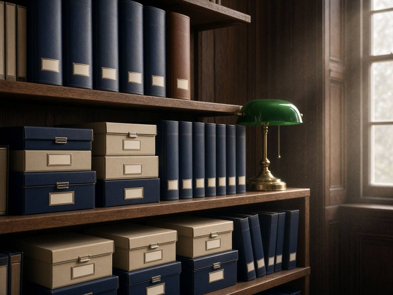 Leather-bound IP portfolio binders on oak shelves